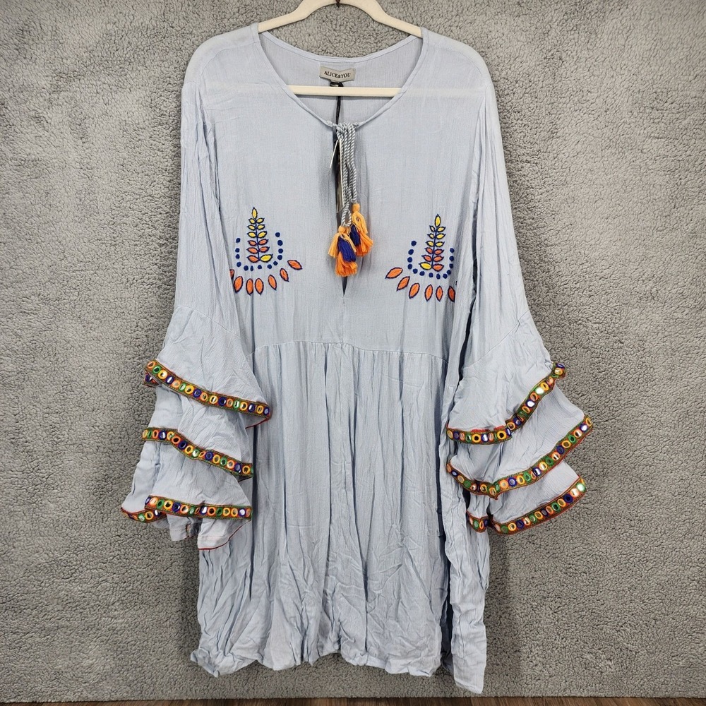 Alice & You Women's Size 22 Blue Embroidered Bell Sleeve Boho Knee‎ Length Dress
